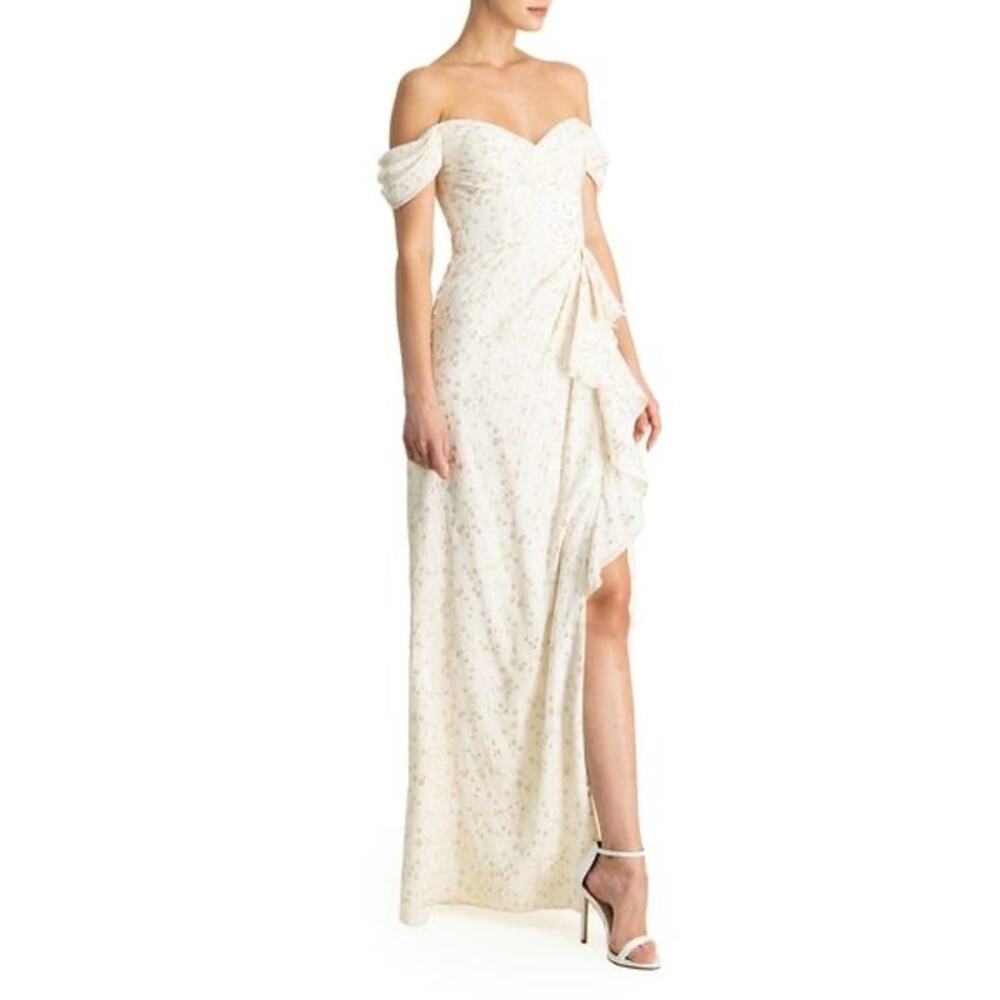 Monique Lhuillier White Gold Metallic Draped Coupe Sweetheart  Formal Gown 10 - Picture 3 of 14